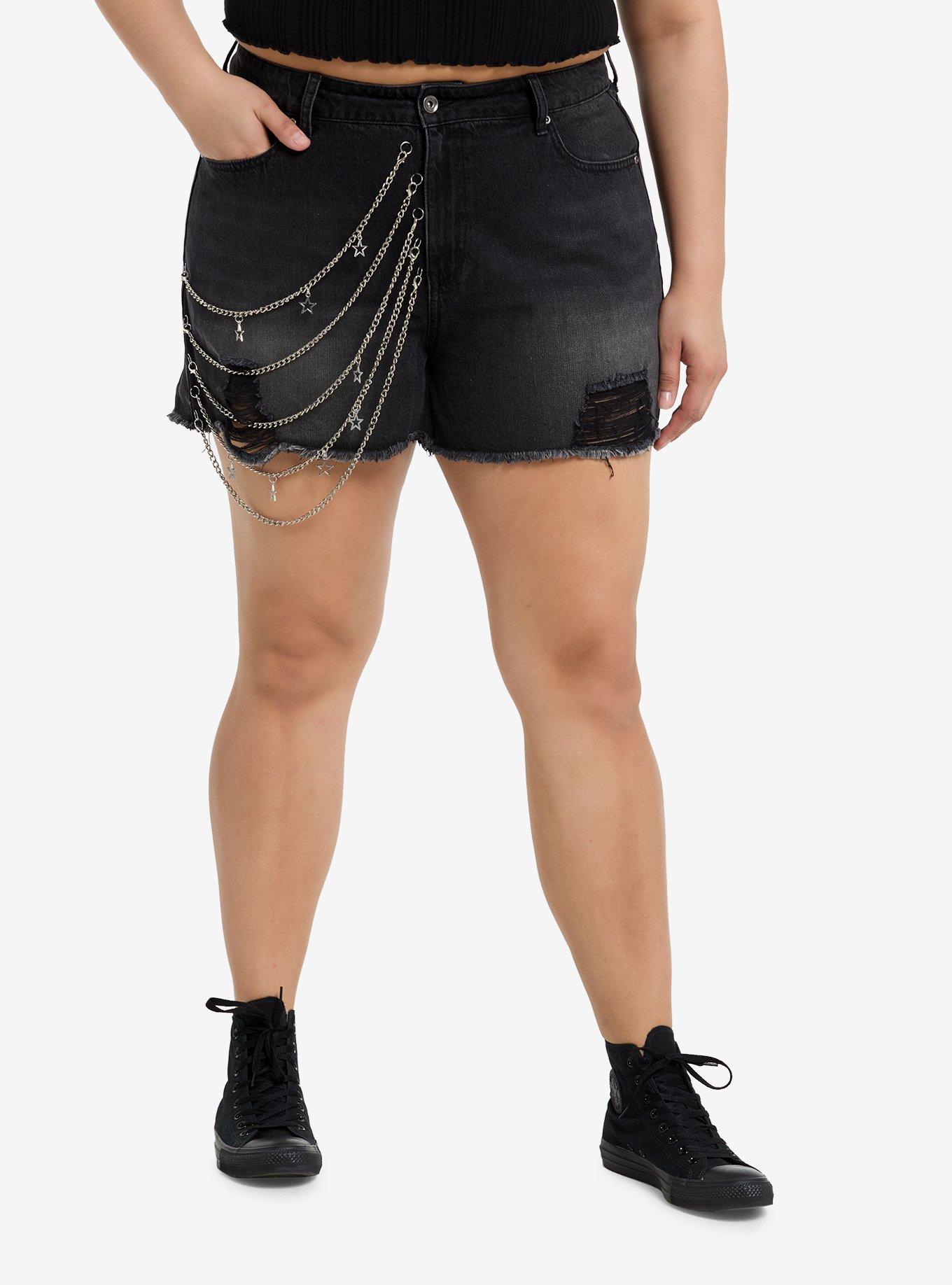 Black Star Chains Denim Shorts Plus Size, , hi-res