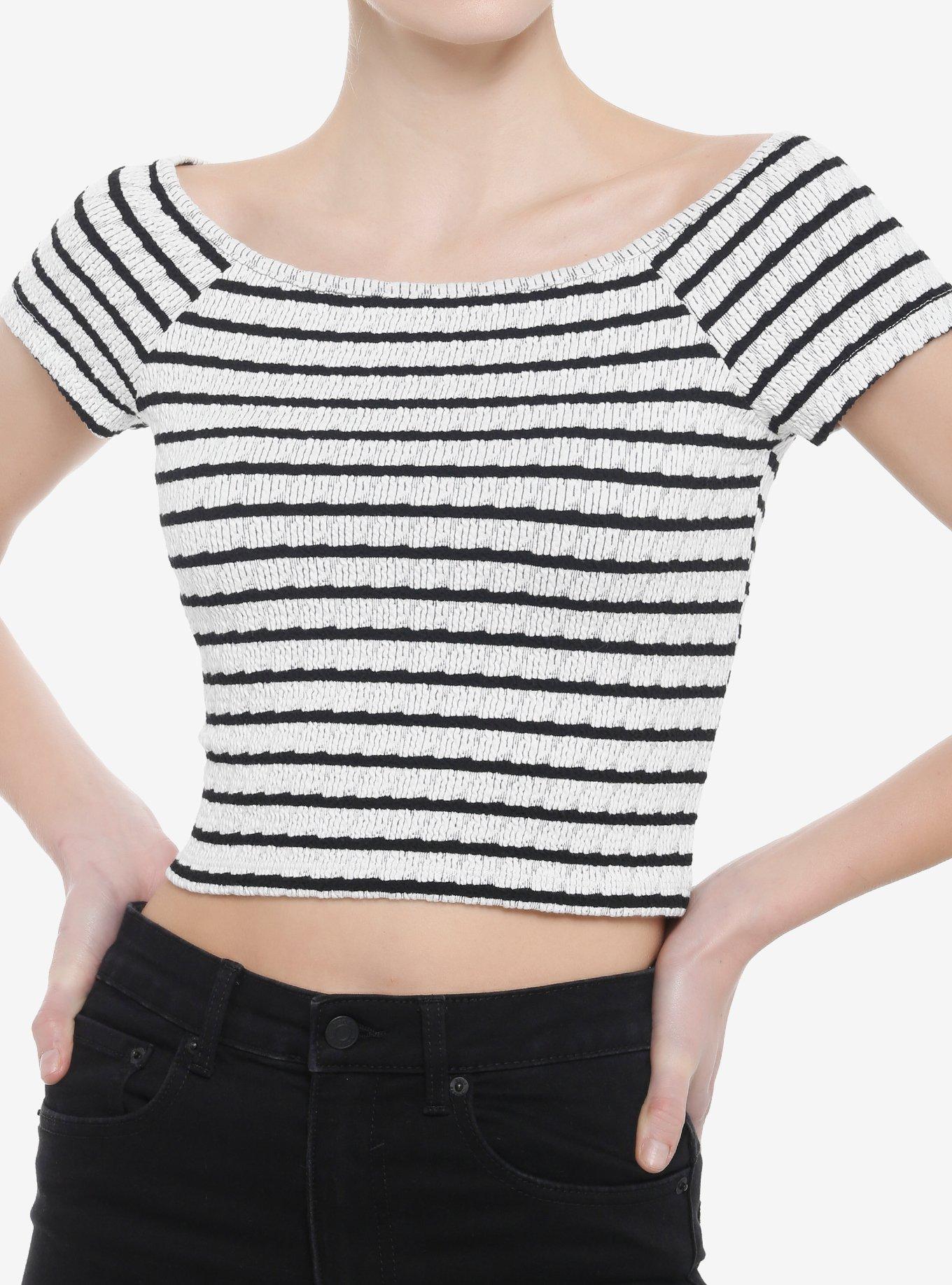 Black & White Stripe Ruched Girls Crop Top, , hi-res