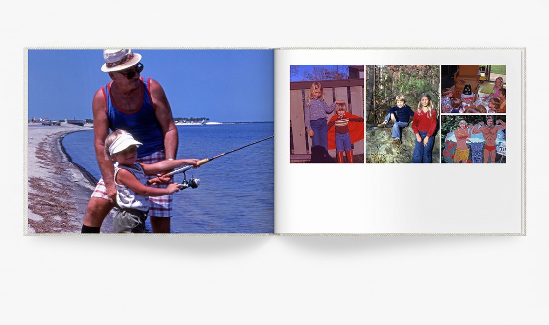 Open photo book showing spread of old photos