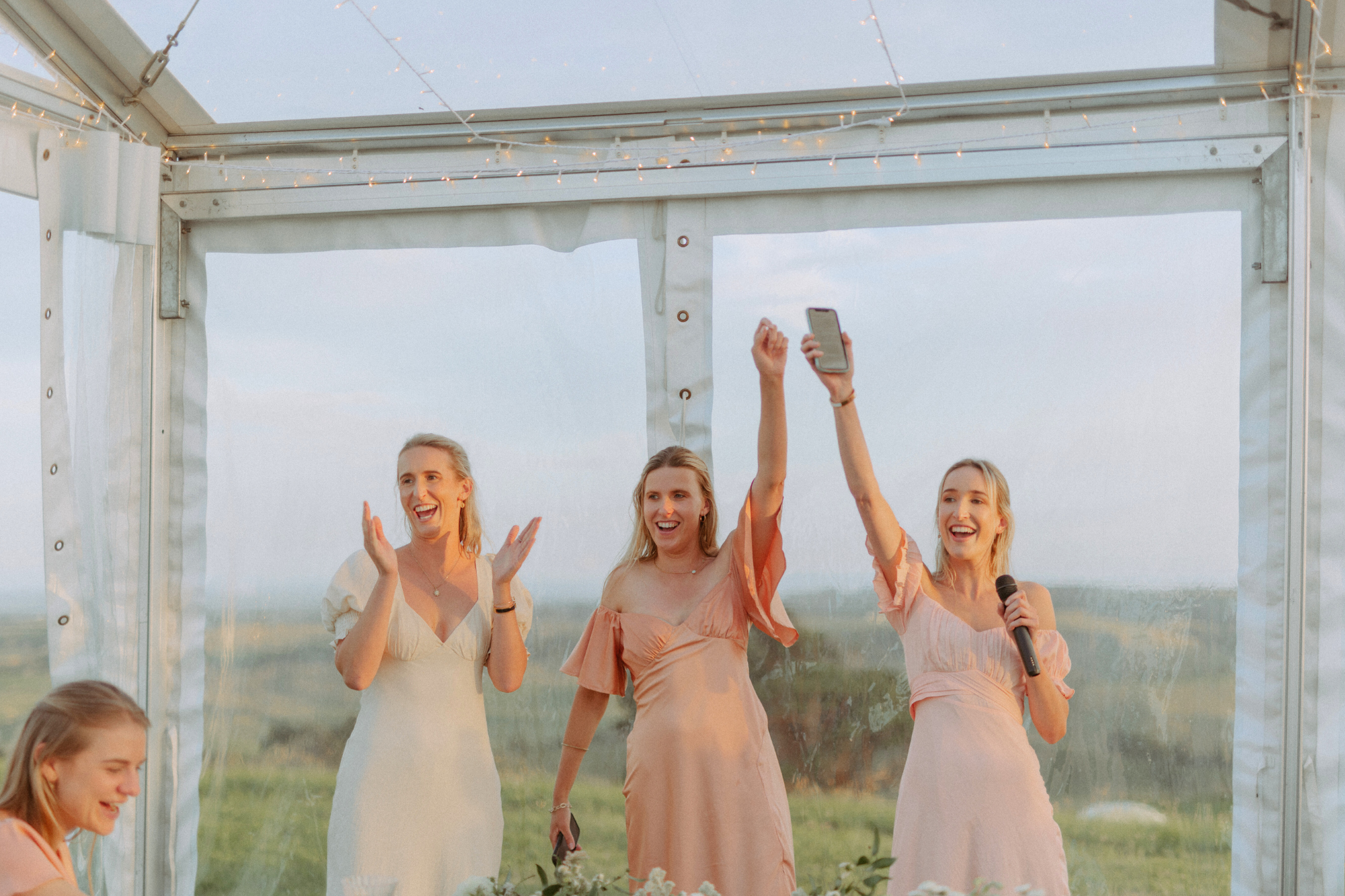 Three bridesmaids in pink dresses share a toast during speeches