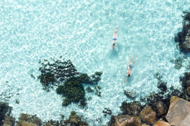 A couple swimming in light blue clear water by rocky shore