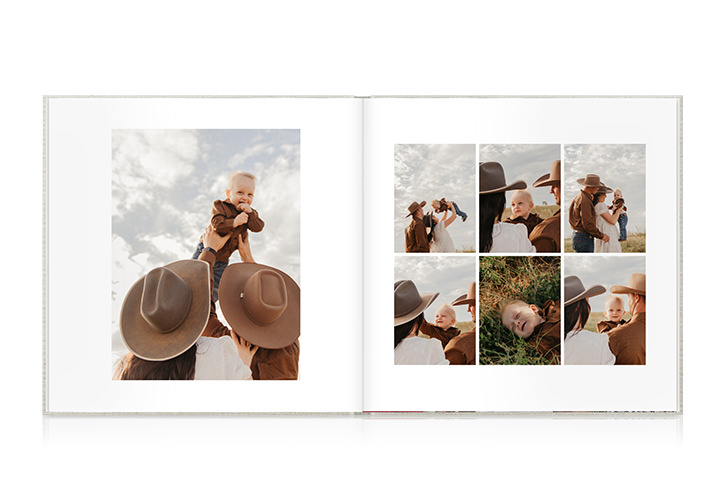 Baby Photo Book with parents in cowboy hats raising baby in sky