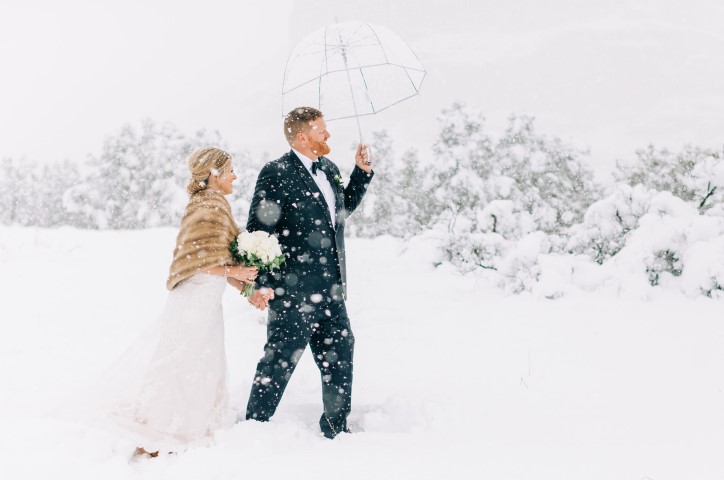 Newlyweds walking in snow together