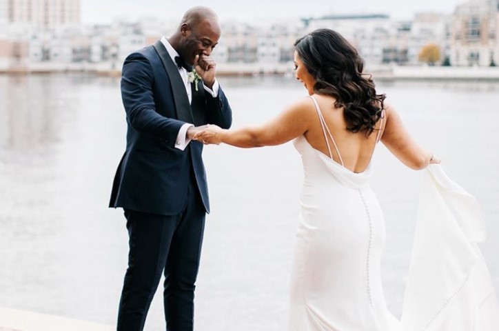 Bride and groom at first look