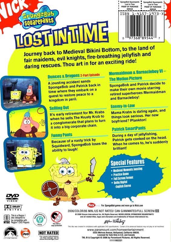 Back Cover for Spongebob Squarepants: Lost in Time (included game) (DVD Player)