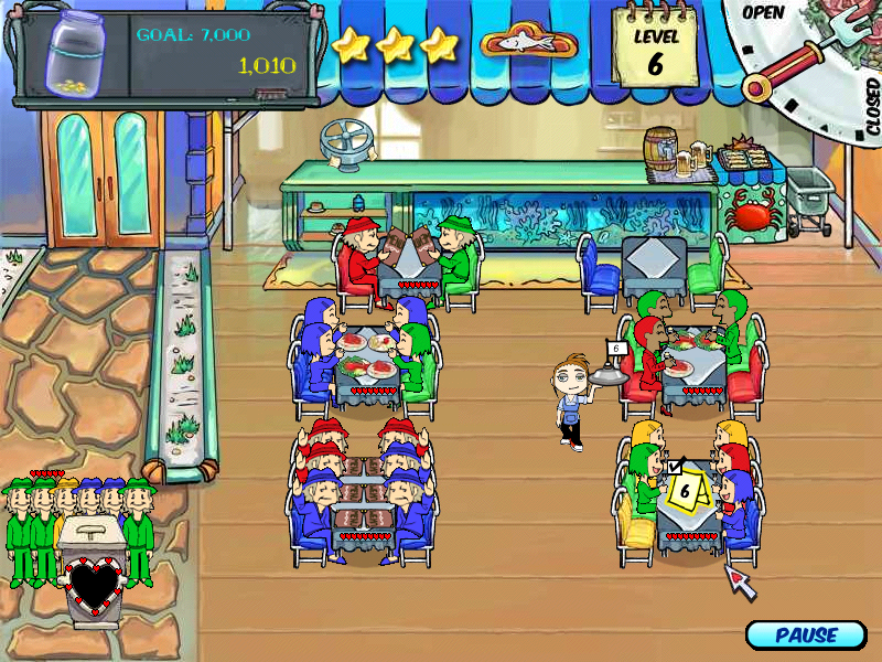 Diner Dash (Windows) screenshot: As you advance in the game, you will have new restaurant themes, larger seatings and more customers with different patient levels.