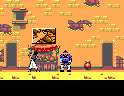 Disney's Aladdin (SEGA Master System) screenshot: Aladdin steals a loaf of bread from one of the stalls, and lands himself in trouble