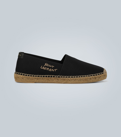 Saint Laurent Embroidered Logo Canvas Espadrilles In Noir Ecru