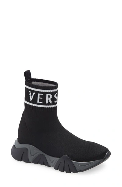 Versace Logo Print Knit Sock Slip-on Sneakers In Black