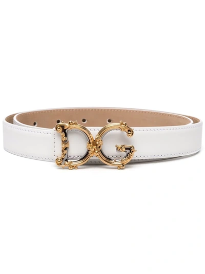 Dolce & Gabbana Leather Belt With Logo Plaque In Blanco