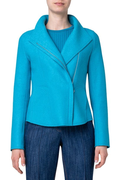 Akris Punto Asymmetric Zip Felted Wool Biker Jacket In Cerulean