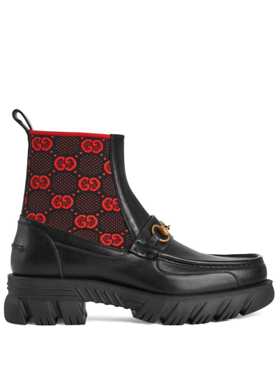 Gucci Black Gg Logo Horsebit Leather Ankle Boots