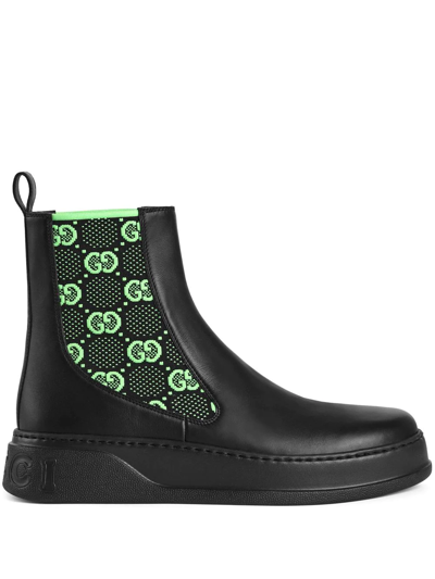 Gucci Gg Jersey Leather Ankle Boots In Black,green