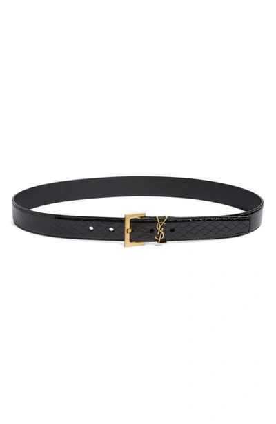 Saint Laurent Golden Ysl Monogram Croc-embossed Leather Belt In Black