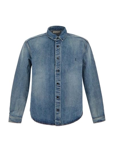 Saint Laurent Logo-embroidered Denim Shirt In Trouville Beach Blue