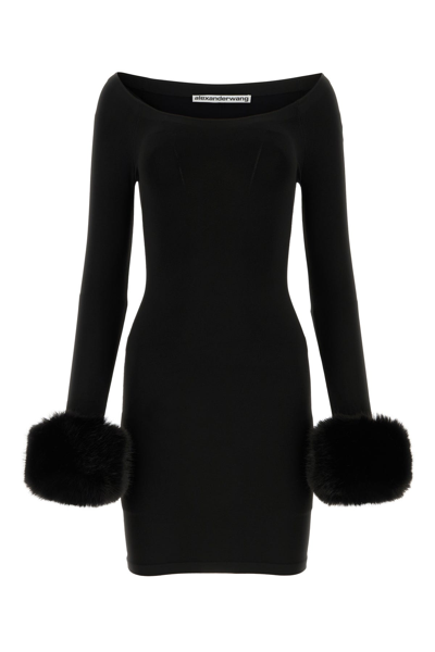 Alexander Wang Faux-fur Cuffs Short Dress In Black