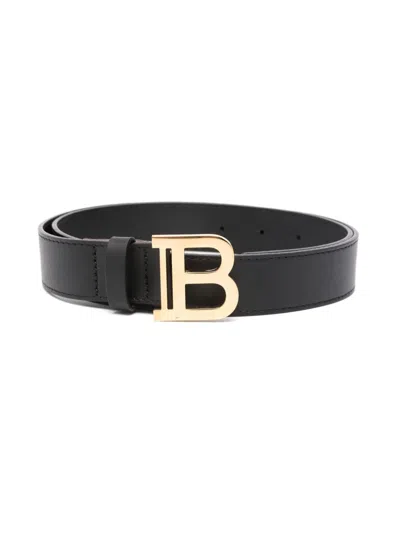 Balmain Kids' B-buckle Leather Belt In Black