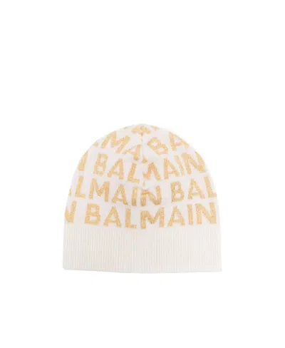 Balmain Logo-intarsia Knitted Beanie In White