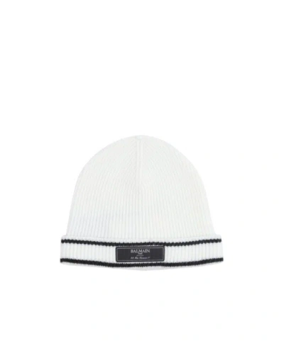 Balmain Logo-patch Ribbed Beanie In White