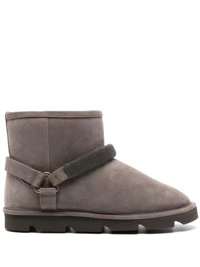 Brunello Cucinelli Suede Ankle Boots With Shearling Lining In Gray