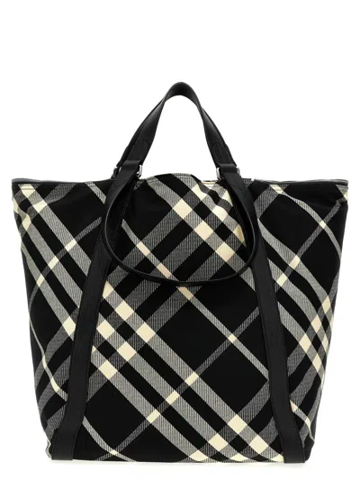 Burberry Black Check Print Tote Bag In Blackwhite