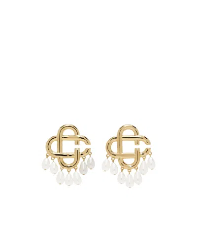 Casablanca Faux Pearl Logo Drop Earrings In Gold / Pearl