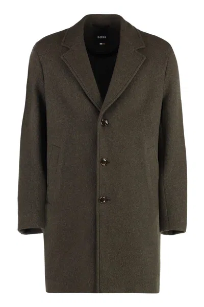 Hugo Boss Boss Single-breasted Wool Coat In Green