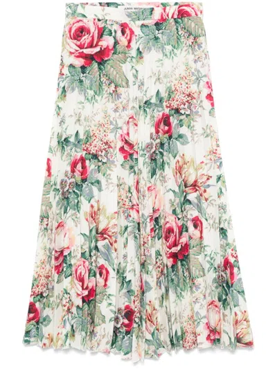 Junya Watanabe Pleated Midi Skirt Floral Print In Off Whte/pink