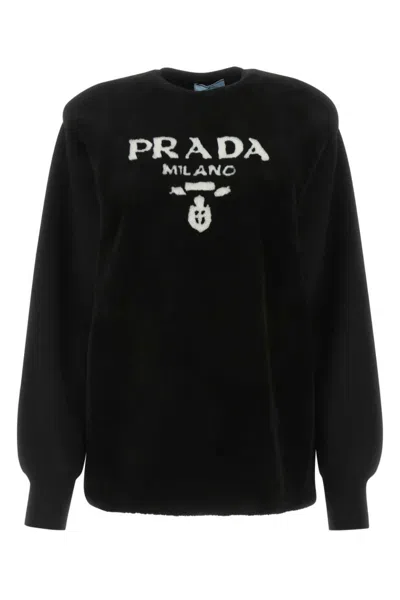 Prada Logo Intarsia Crewneck Sweater In Black