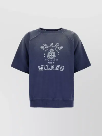 Prada Crew Neck Cotton Sweatshirt In Blue