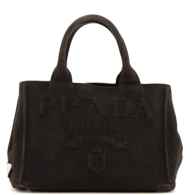 Prada Embossed Logo Canapa Convertible Tote Canvas Mini In Black