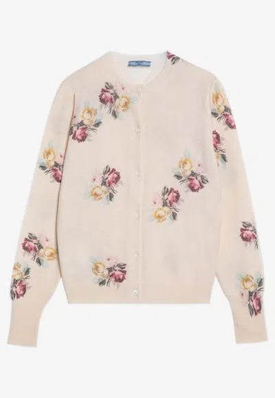 Prada Wool Floral Cardigan In White