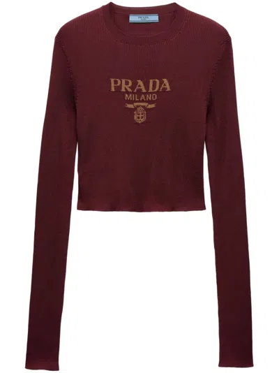 Prada Intarsia-knitted Logo Silk Top In Burgundy