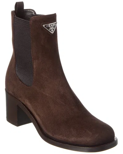 Prada Logo Suede Bootie In Brown