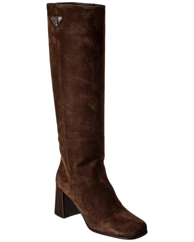 Prada Logo Suede Knee-high Boot In Brown