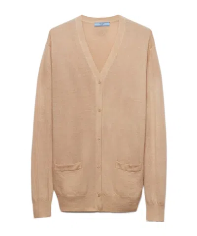 Prada Triangle-logo Cashmere Cardigan In Nude