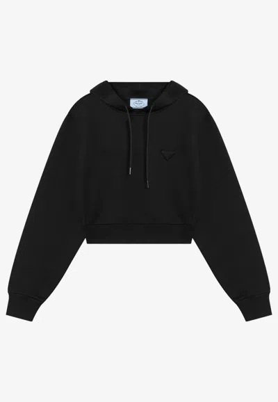 Prada Triangle Logo Cropped Hoodie In Black