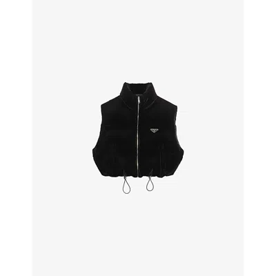 Prada Womens  Logo-plaque Velvet Down Vest In Black