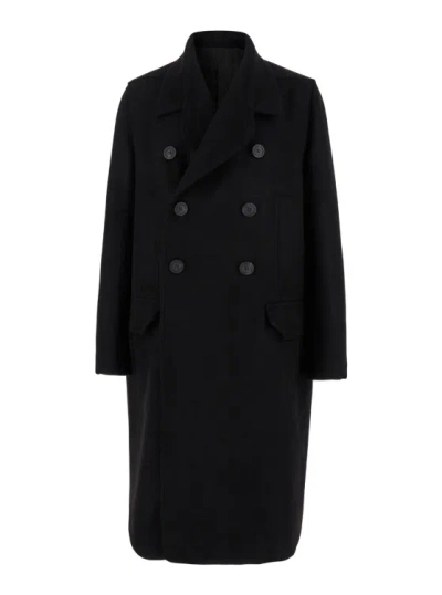 Rick Owens Double-breasted Virgin Wool Coat In Negro