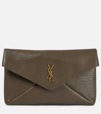 Saint Laurent Cassandre Large Leather Clutch In Green