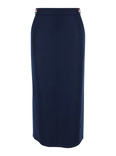 Thom Browne Calf Legth Side Tab Skirt In Solid Wool Twill In Navy