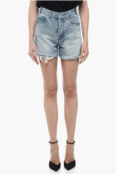 We11 Done Denim Shorts With Frayed Hem In Blue