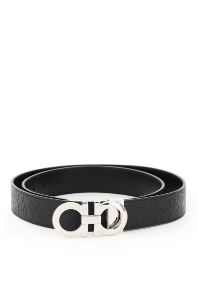 Ferragamo Black Gancini Reversible Embossed Leather Belt