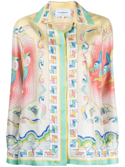 Casablanca Multicolor Shirt With Cuban Collar And All-over Graphic Print In Silk Woman In Souvenir