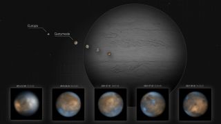 new images of europa and ganymede set against background of jupiter