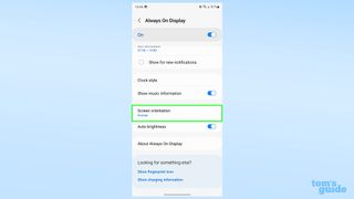 The Always On Display settings menu on a Samsung Galaxy S23 Ultra, highlighting the Screen orientation option