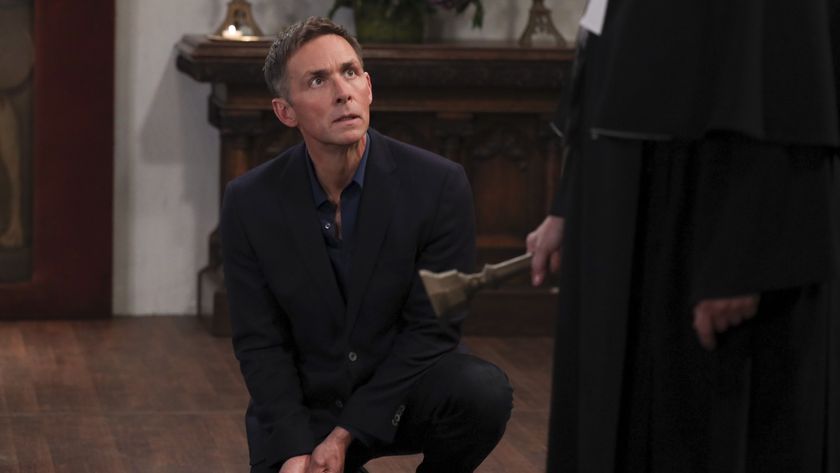 James Patrick Stuart as Valentin upset and holding his hand in General Hospital