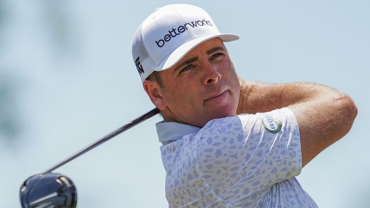 Luke List of the United States tees off from the 14th hole during Round One of the Zurich Classic of New Orleans at TPC Louisiana at TPC Louisiana on April 20, 2023 