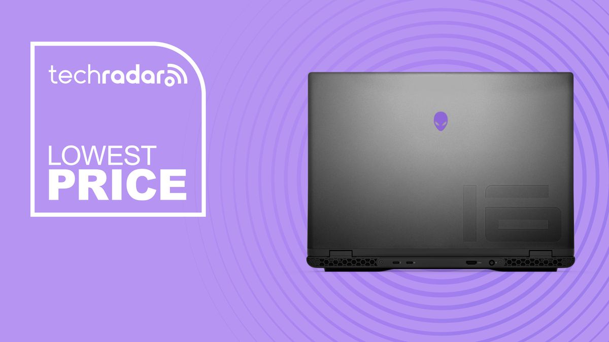 Alienware M16 gaming laptop on purple background with lowest price text overlay