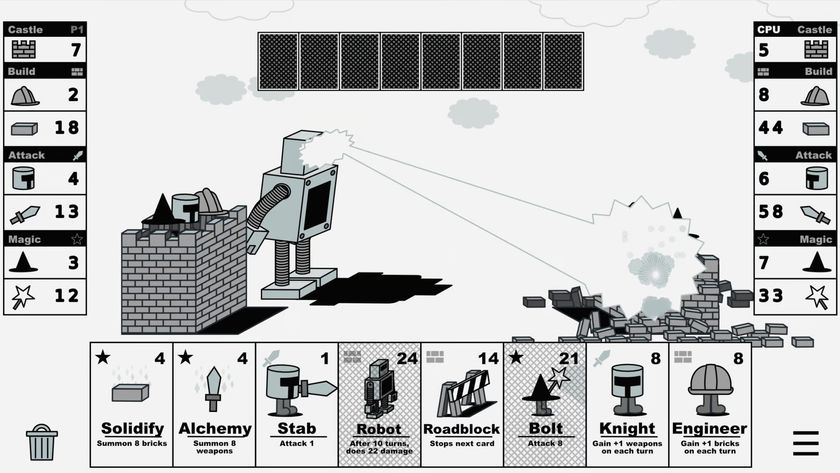 A robot destroying the opposing castle with its laser eyes in Castle V Castle.